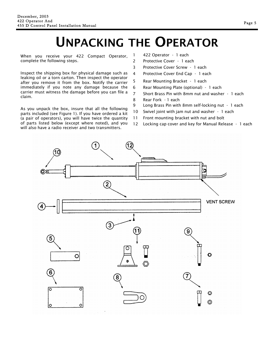 Npacking, Perator | Controlled Products Systems Group 1042001 User Manual | Page 5 / 28