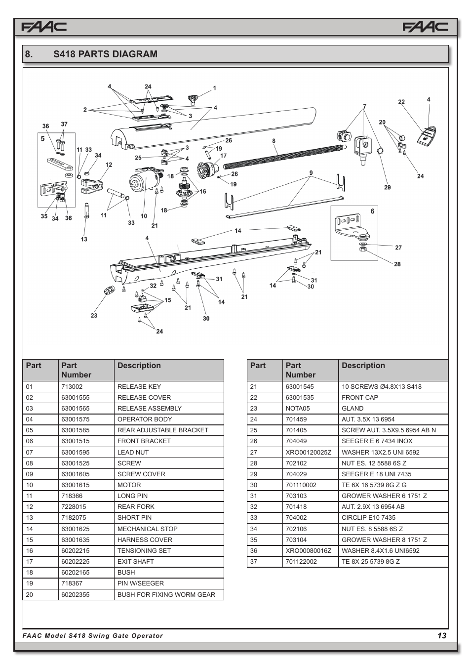 S418 parts diagram, Part, Part number description | Controlled Products Systems Group 104301 User Manual | Page 13 / 30