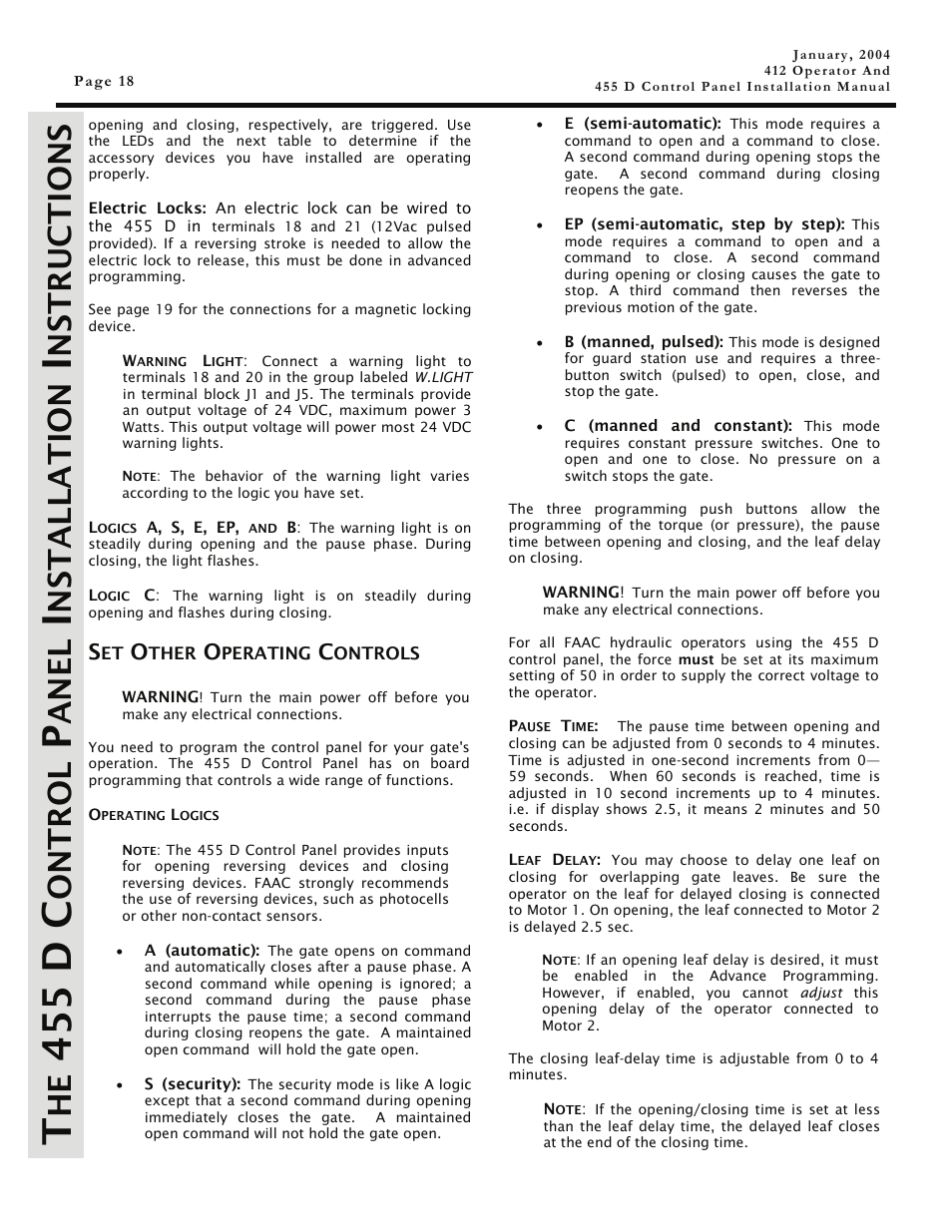Set other operating controls, 455 d c, Ontrol | Anel, Nstallation, Nstructions | Controlled Products Systems Group 104470 User Manual | Page 18 / 28