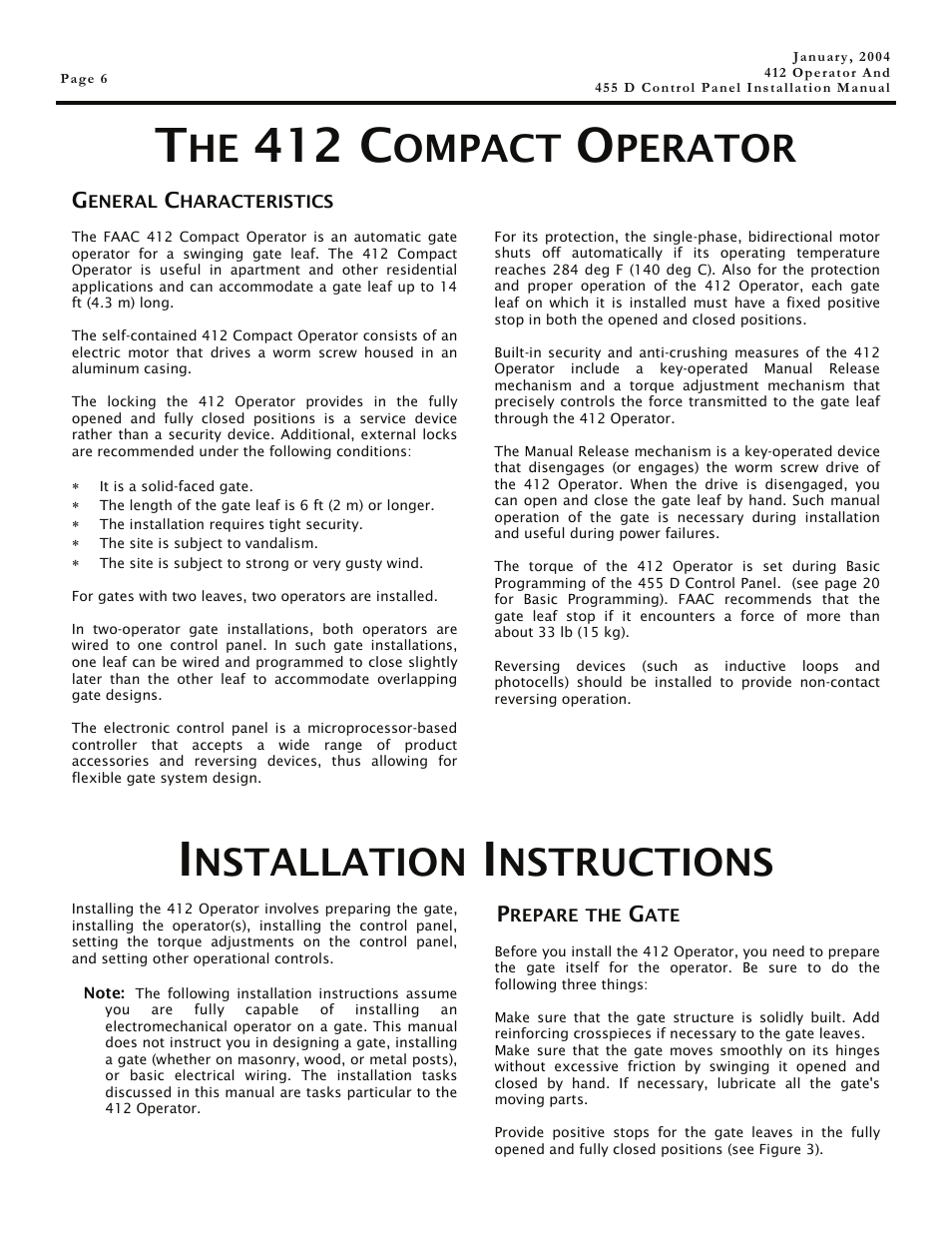 General characteristics, Prepare the gate, 412 c | Ompact, Perator, Nstallation, Nstructions | Controlled Products Systems Group 104470 User Manual | Page 6 / 28