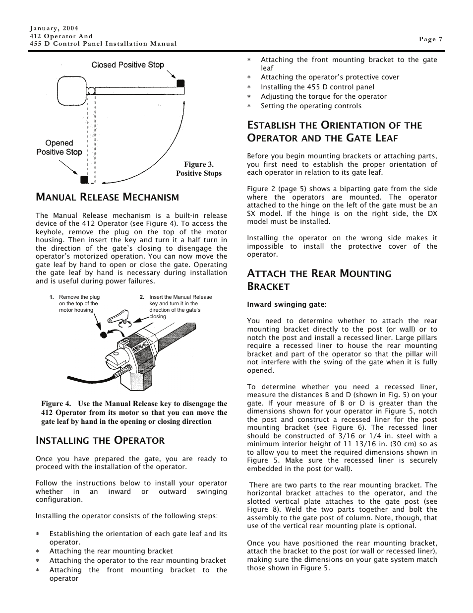 Manual release mechanism, Installing the operator, Attach the rear mounting bracket | Controlled Products Systems Group 104470 User Manual | Page 7 / 28