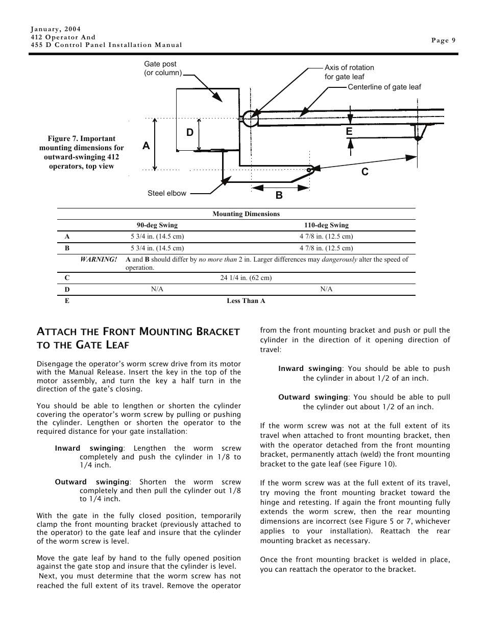 Attach the front mounting bracket to the gate leaf, Ab c d f | Controlled Products Systems Group 104470 User Manual | Page 9 / 28