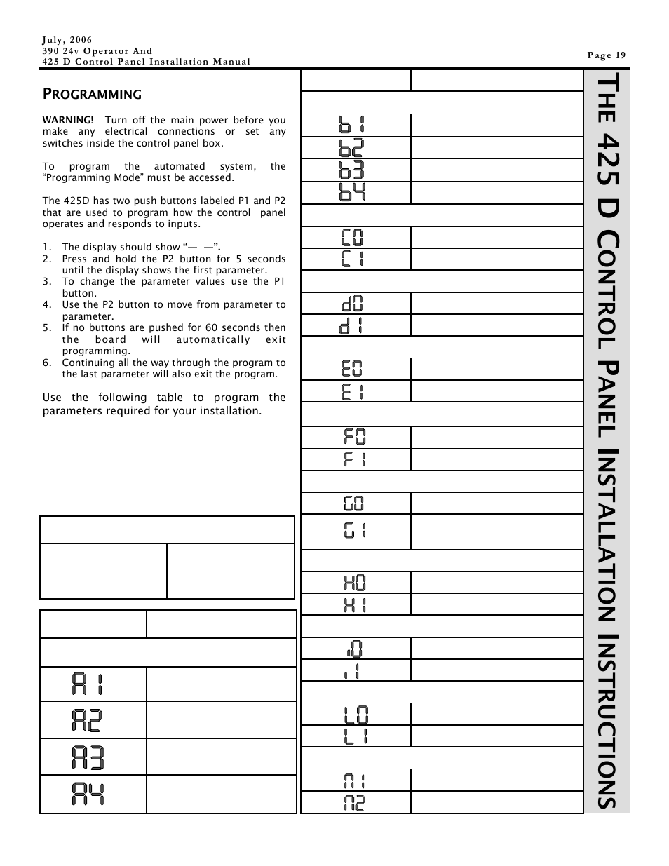 425 d c, Ont r ol, An e l | Ns tallation, Ns tru c tions, Left right, Program buttons | Controlled Products Systems Group 104572 User Manual | Page 19 / 24