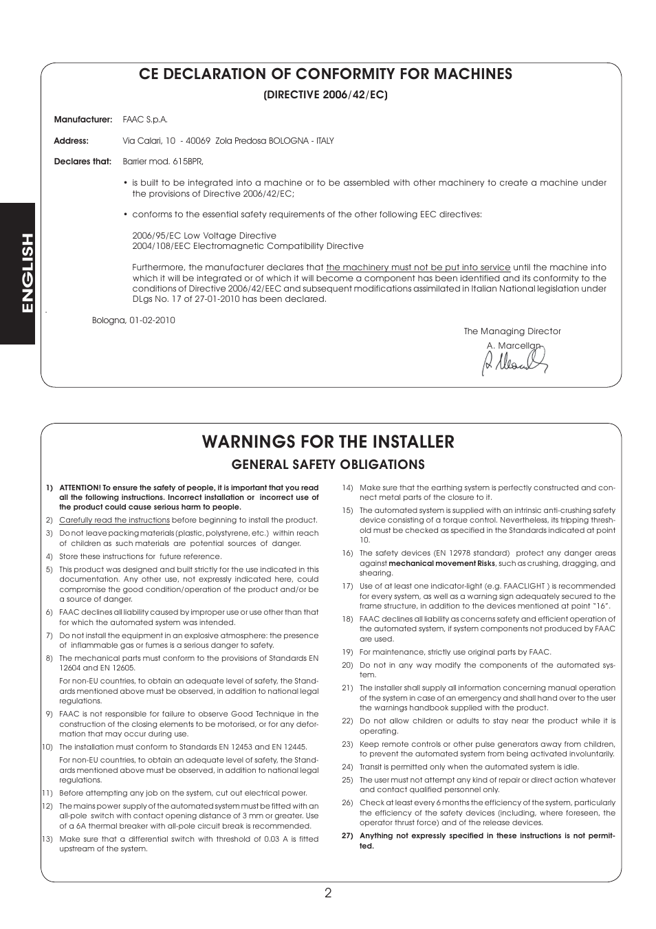 Warnings for the installer, Ce declaration of conformity for machines, English | General safety obligations | Controlled Products Systems Group 1049062 User Manual | Page 12 / 17