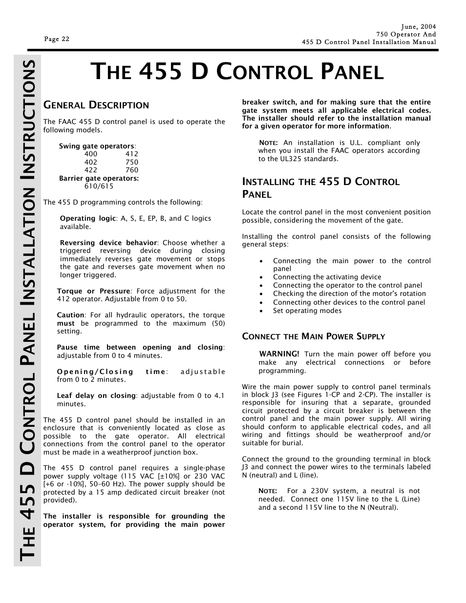 455 d c, Ontrol, Anel | On trol, Ane l, Nsta ll a ti o n, Nstr ucti on s | Controlled Products Systems Group 107725 User Manual | Page 22 / 40