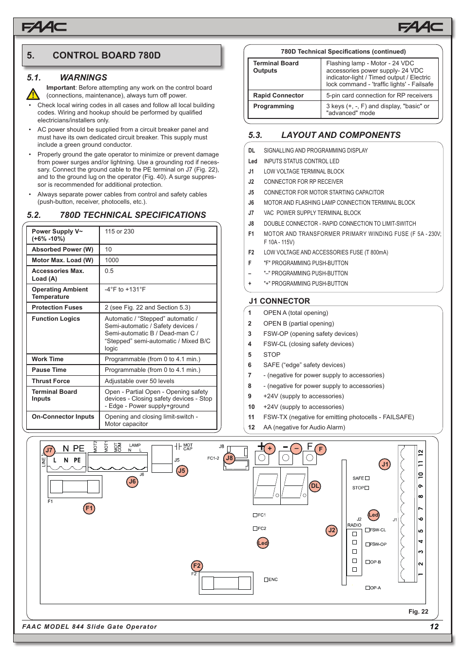 Control board 780d, 780d technical specifications, Layout and components | Warnings, J1 connector | Controlled Products Systems Group 109837 User Manual | Page 12 / 27