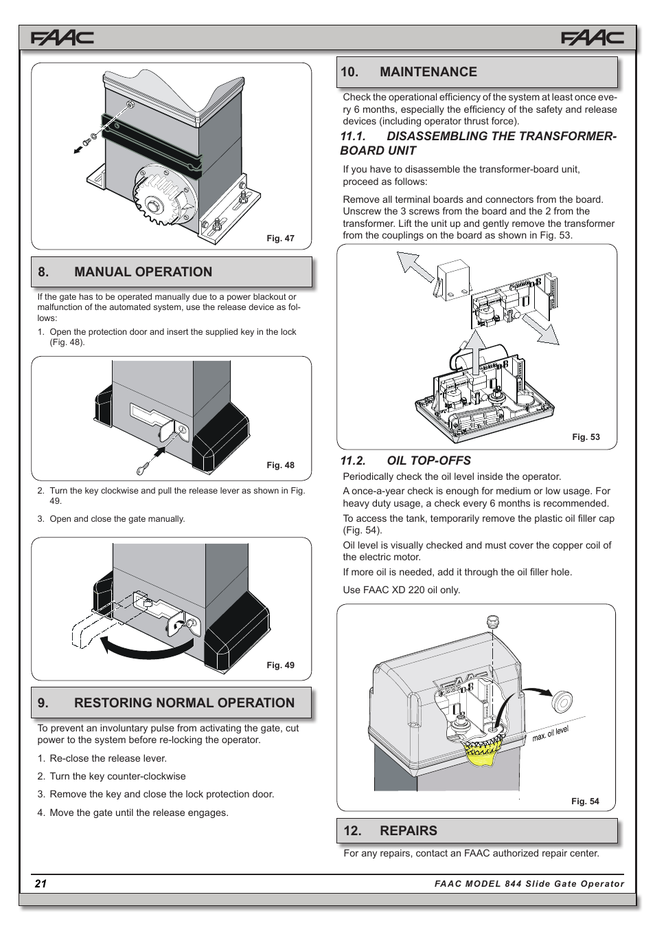 Manual operation 9. restoring normal operation, Maintenance 12. repairs | Controlled Products Systems Group 109837 User Manual | Page 21 / 27