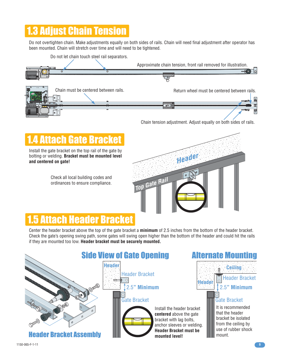 3 adjust chain tension 1.4 attach gate bracket, 5 attach header bracket, Side view of gate opening alternate mounting | Header, Header bracket assembly | Controlled Products Systems Group 1150-080 User Manual | Page 11 / 30