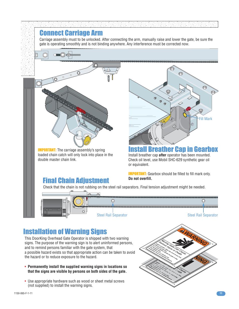 Connect carriage arm final chain adjustment, Installation of warning signs, Install breather cap in gearbox | Controlled Products Systems Group 1150-080 User Manual | Page 13 / 30