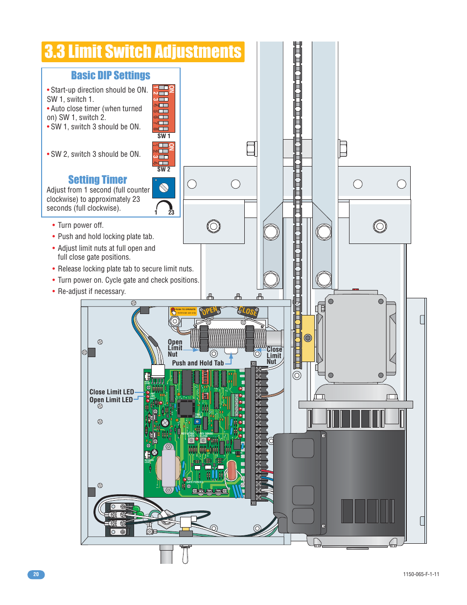 3 limit switch adjustments, Setting timer basic dip settings | Controlled Products Systems Group 1150-080 User Manual | Page 22 / 30
