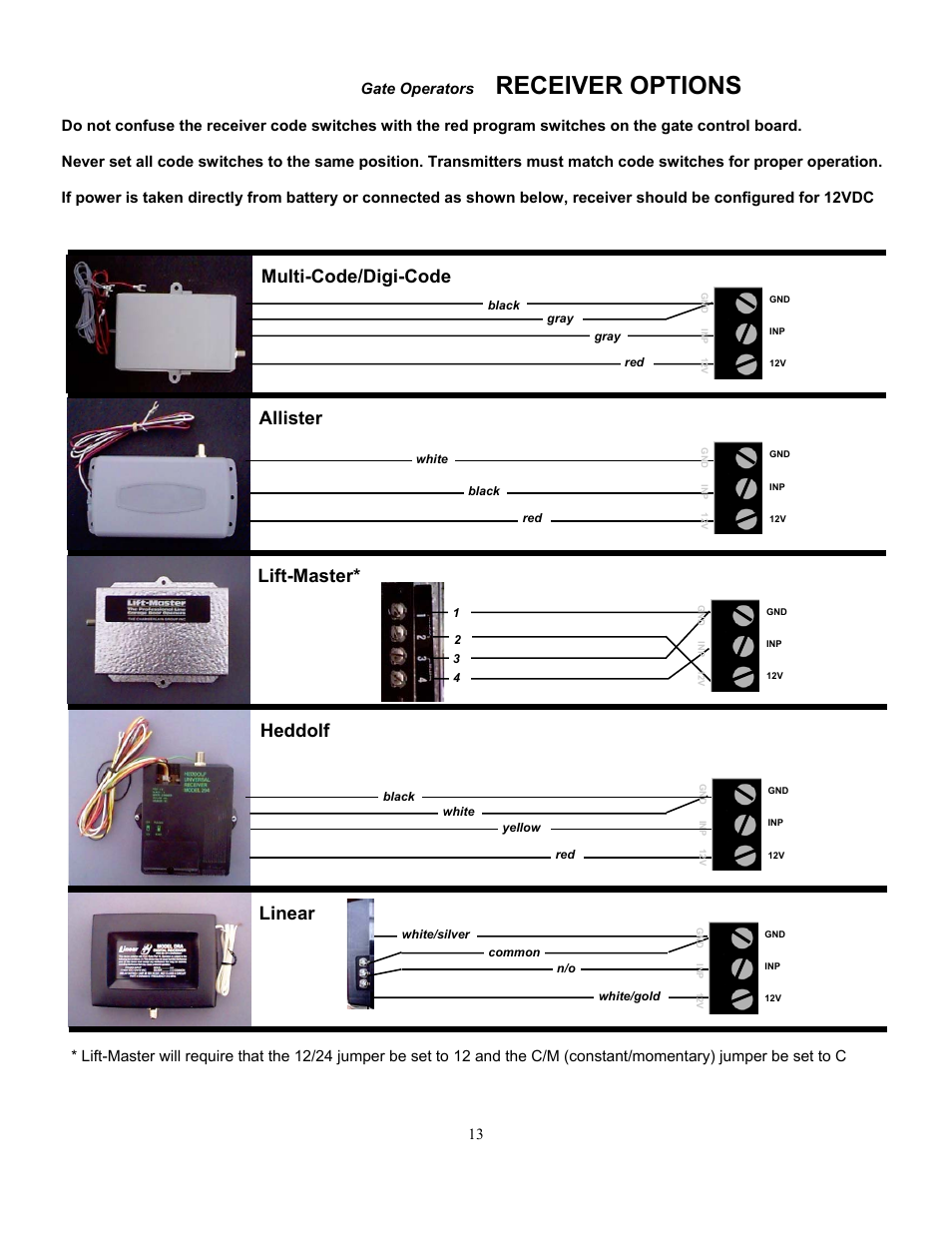 Apollo, Receiver options, Multi-code/digi-code allister lift-master | Heddolf linear | Controlled Products Systems Group 1500 User Manual | Page 13 / 17