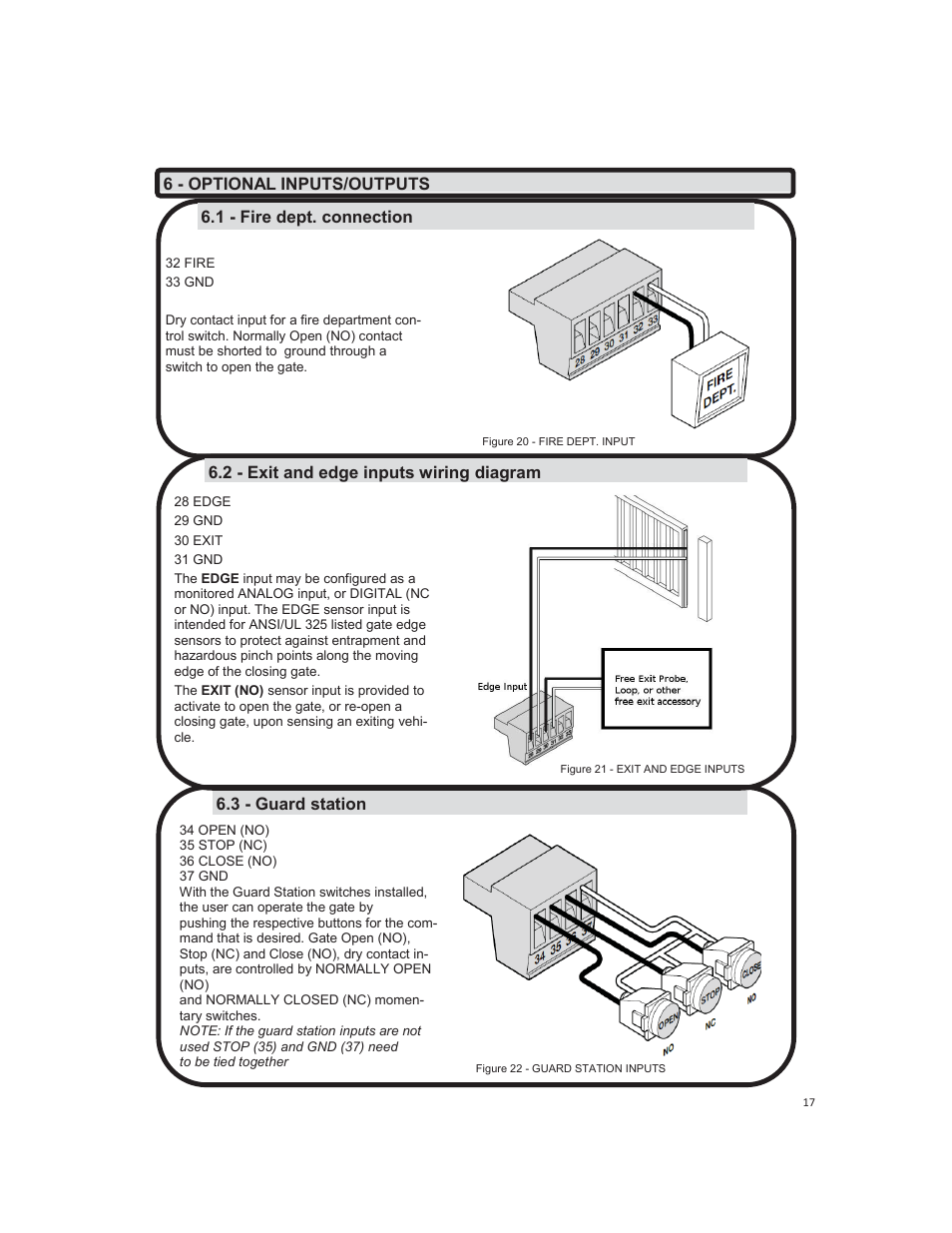 3 - guard station, 2 - exit and edge inputs wiring diagram, 1 - fire dept. connection | 6 - optional inputs/outputs | Controlled Products Systems Group 1550ETL-1K User Manual | Page 17 / 32