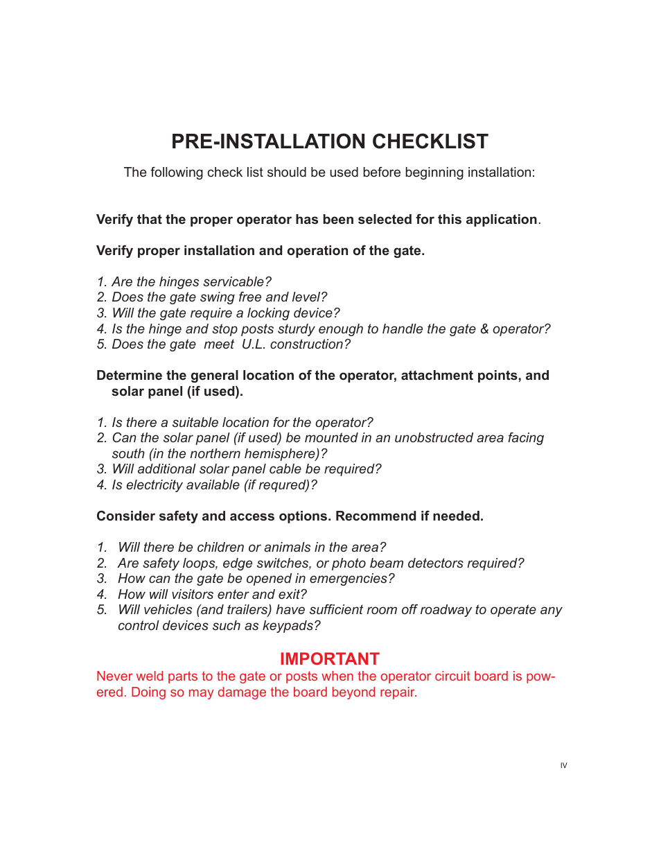 Pre-installation checklist, Important | Controlled Products Systems Group 1550ETL-1K User Manual | Page 5 / 32