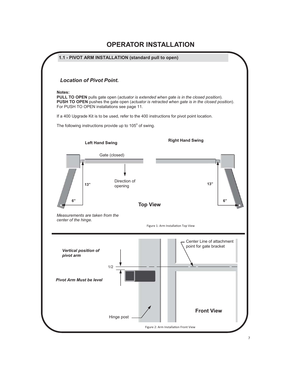 Operator installation, Location of pivot point, Front view | Top view | Controlled Products Systems Group 1550ETL-1K User Manual | Page 7 / 32