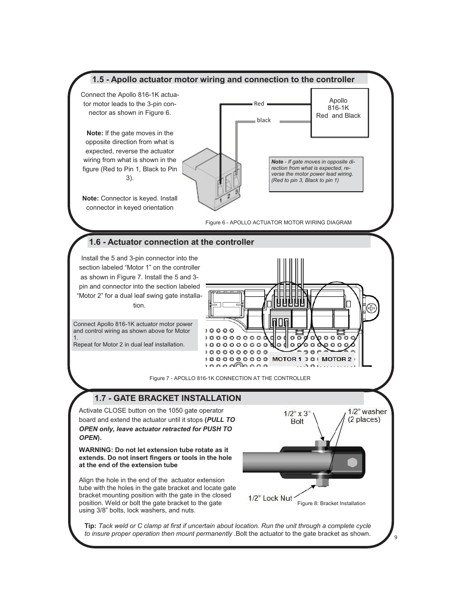 6 - actuator connection at the controller, 7 - gate bracket installation | Controlled Products Systems Group 1550ETL-1K User Manual | Page 9 / 32