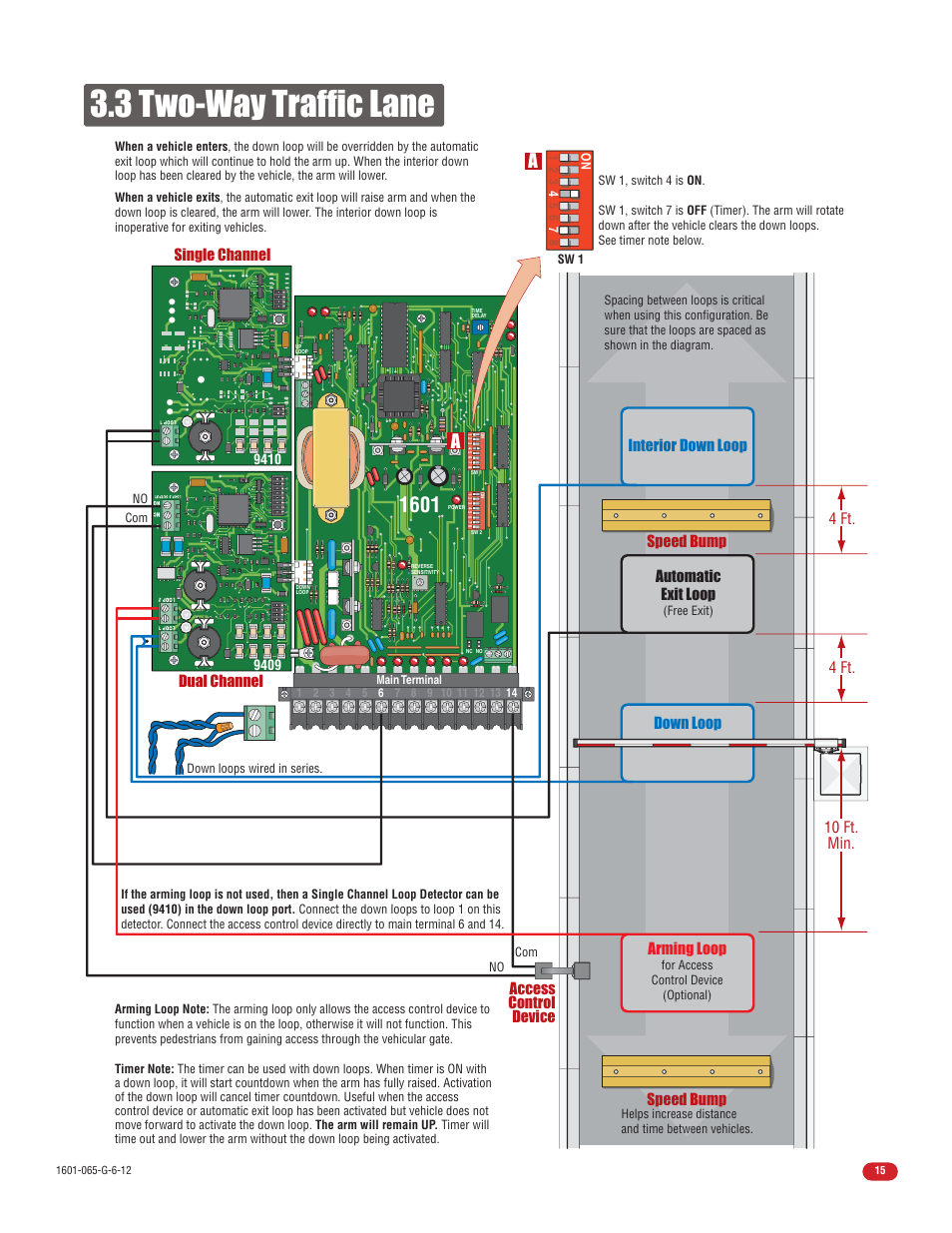3 two-way traffic lane, Dual channel, Single channel | Speed bump, 4 ft, Arming loop, Automatic exit loop, 10 ft. min | Controlled Products Systems Group 1601-080 User Manual | Page 17 / 42