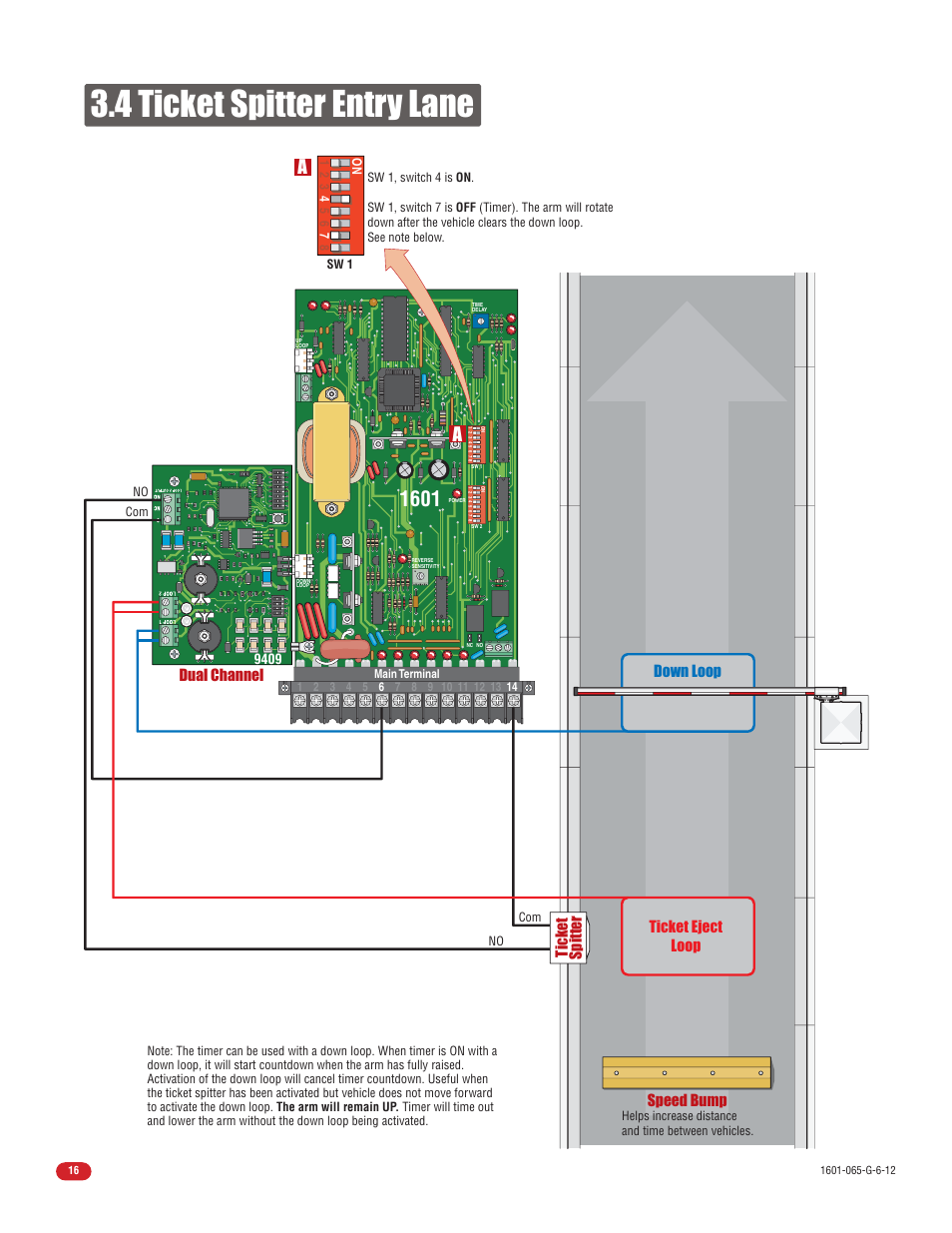 4 ticket spitter entry lane, Dual channel, Speed bump ticket eject loop | Down loop ticket spitter | Controlled Products Systems Group 1601-080 User Manual | Page 18 / 42