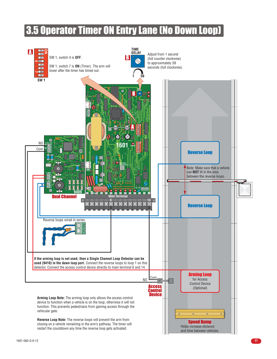 5 operator timer on entry lane (no down loop), Dual channel, Arming loop | Controlled Products Systems Group 1601-080 User Manual | Page 19 / 42