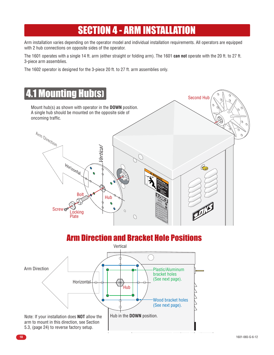 1 mounting hub, Arm direction and bracket hole positions, Vertical | Controlled Products Systems Group 1601-080 User Manual | Page 20 / 42