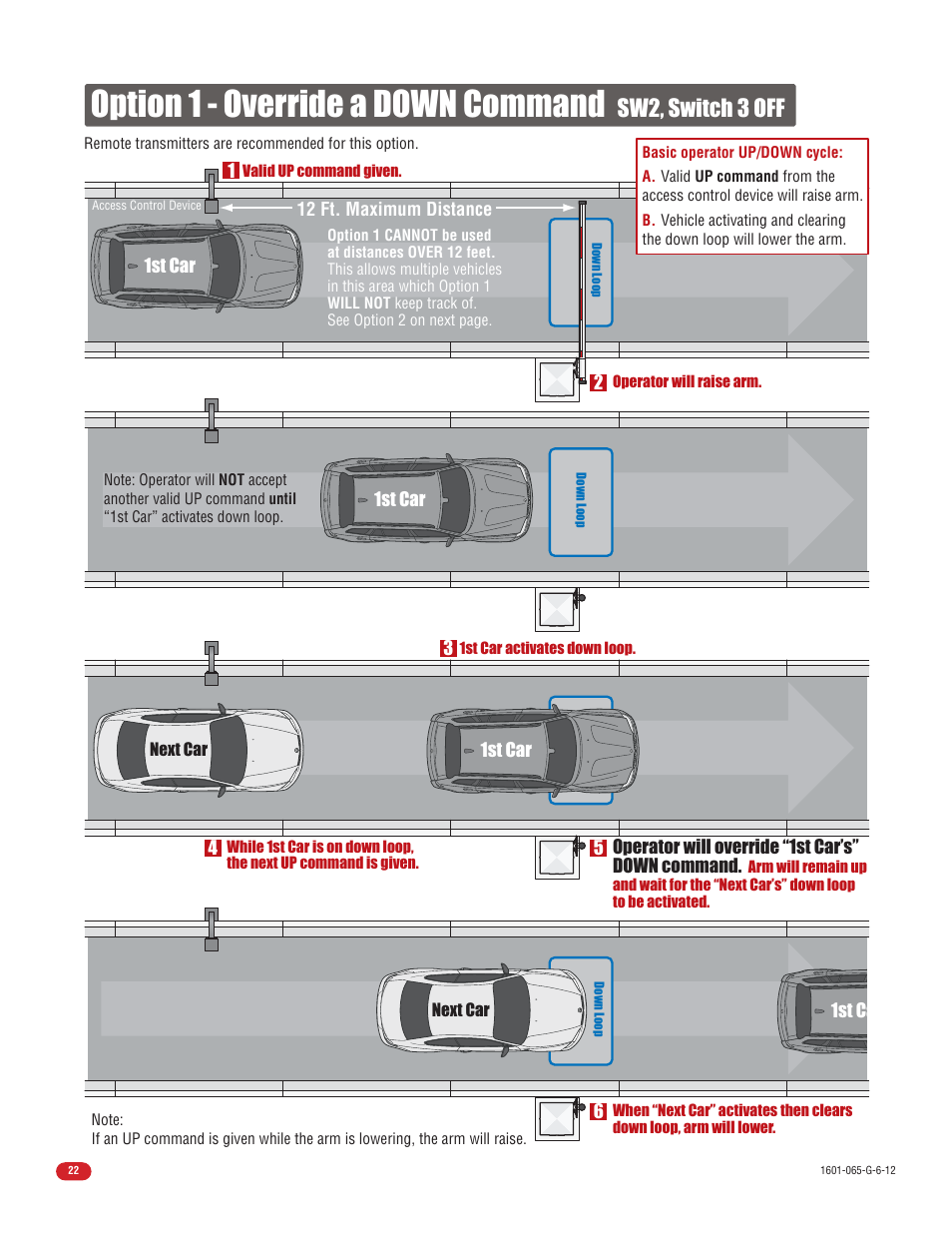 Option 1 - override a down command, Sw2, switch 3 off | Controlled Products Systems Group 1601-080 User Manual | Page 24 / 42