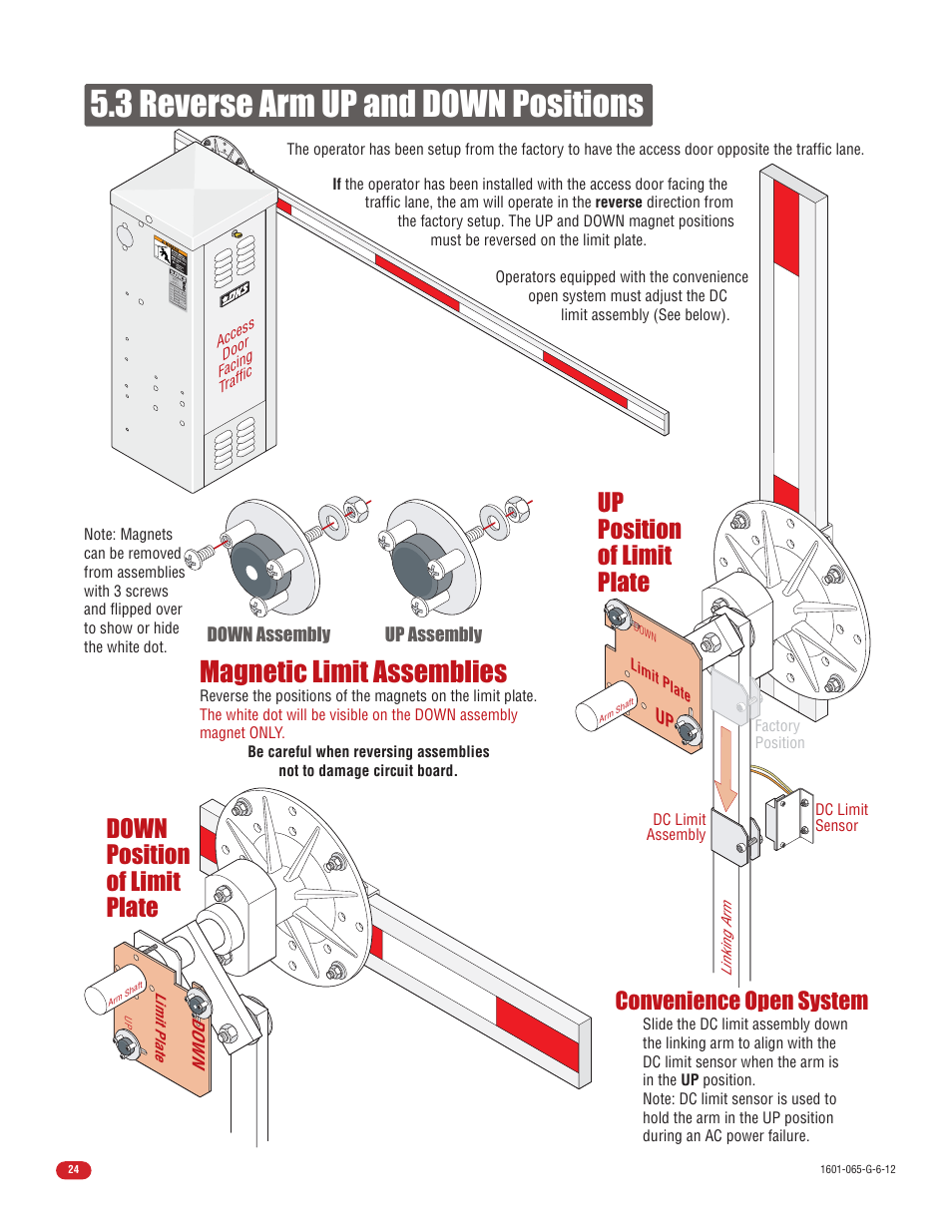 3 reverse arm up and down positions, Magnetic limit assemblies, Convenience open system | Controlled Products Systems Group 1601-080 User Manual | Page 26 / 42