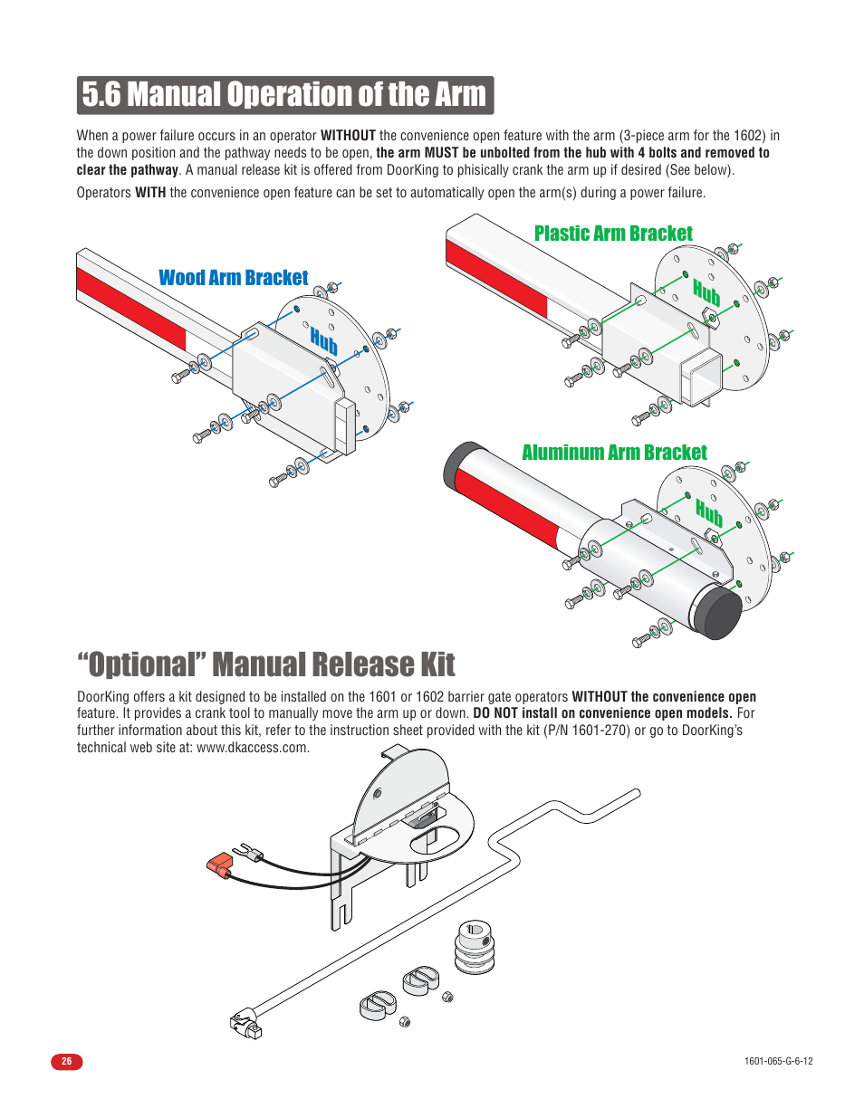 6 manual operation of the arm, Optional” manual release kit | Controlled Products Systems Group 1601-080 User Manual | Page 28 / 42
