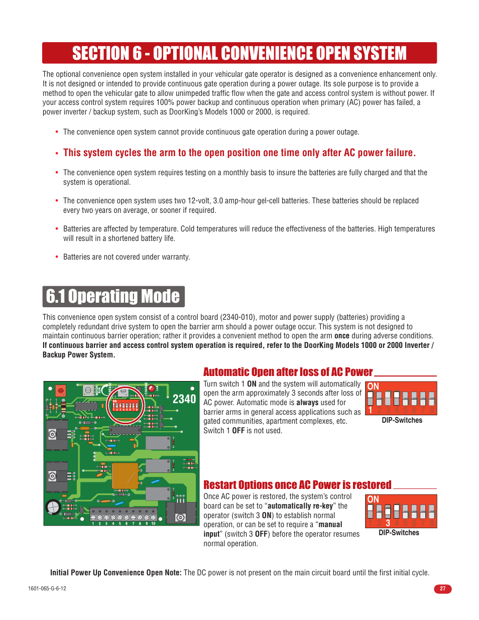 Automatic open after loss of ac power, Restart options once ac power is restored | Controlled Products Systems Group 1601-080 User Manual | Page 29 / 42