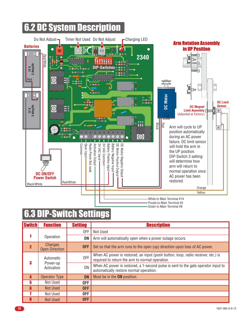 3 dip-switch settings 6.2 dc system description, Switch function setting description, Arm rotation assembly in up position | Controlled Products Systems Group 1601-080 User Manual | Page 30 / 42