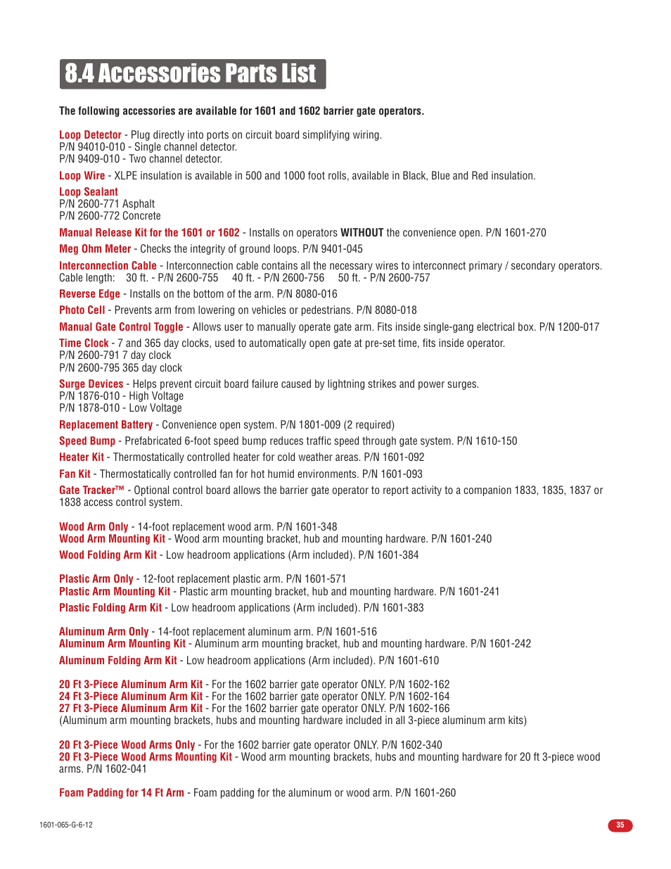 4 accessories parts list | Controlled Products Systems Group 1601-080 User Manual | Page 37 / 42