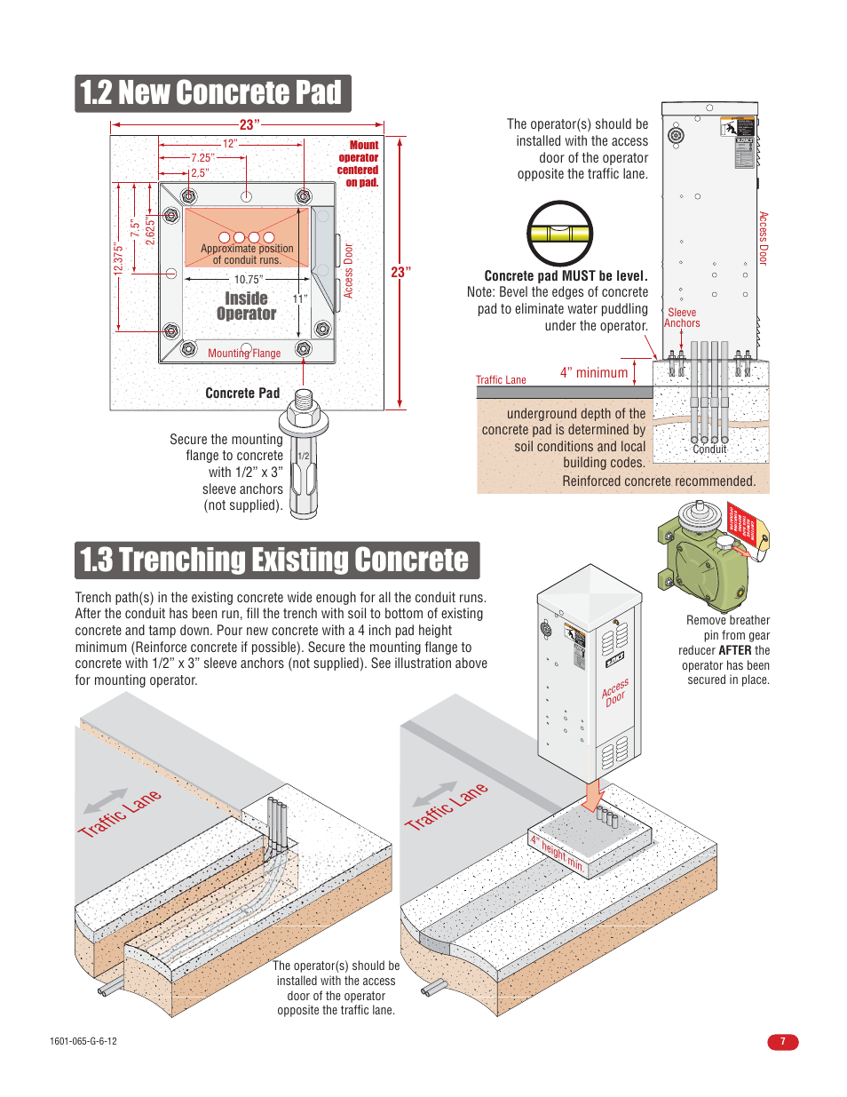 3 trenching existing concrete, 2 new concrete pad, Traffic lane | Inside operator | Controlled Products Systems Group 1601-080 User Manual | Page 9 / 42
