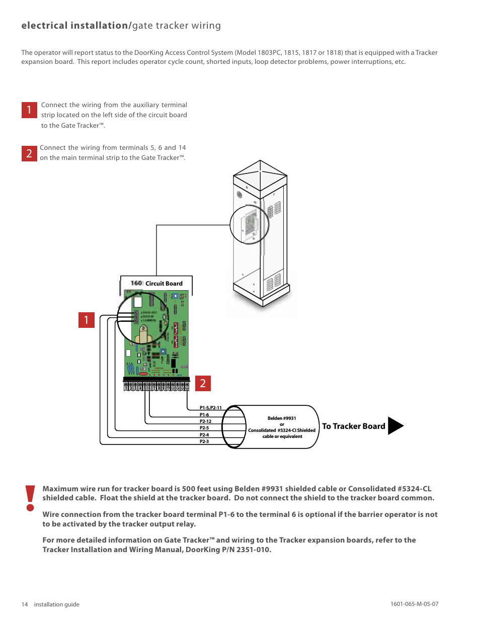 Electrical installation/ gate tracker wiring | Controlled Products Systems Group 1601-080 User Manual | Page 13 / 36