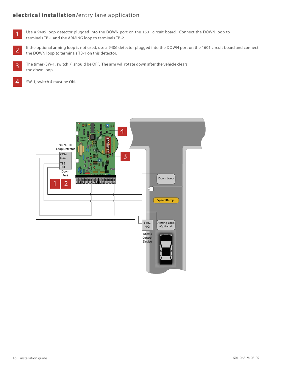 Electrical installation/ entry lane application, Sw-1, switch 4 must be on | Controlled Products Systems Group 1601-080 User Manual | Page 15 / 36