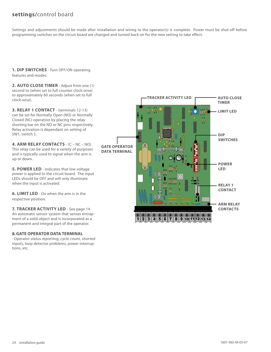 Settings/ control board, Dip switches, Auto close timer | Relay 1 contact, Arm relay contacts, Power led, Limit led, Tracker activity led, Gate operator data terminal | Controlled Products Systems Group 1601-080 User Manual | Page 23 / 36