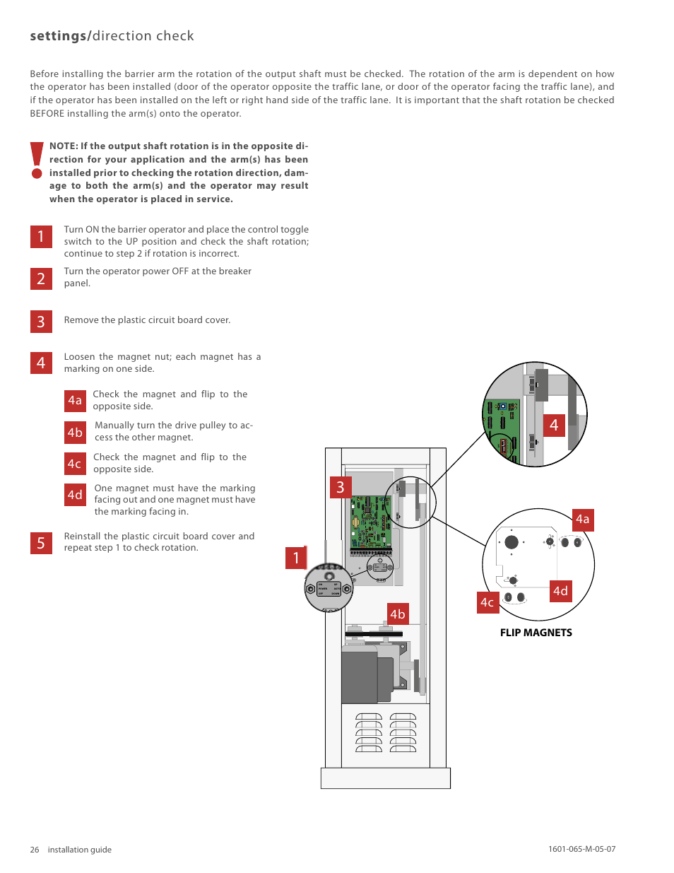 Settings/ direction check, 4a 4b 4c 4d, 4b 4a 4c 4d | Controlled Products Systems Group 1601-080 User Manual | Page 25 / 36