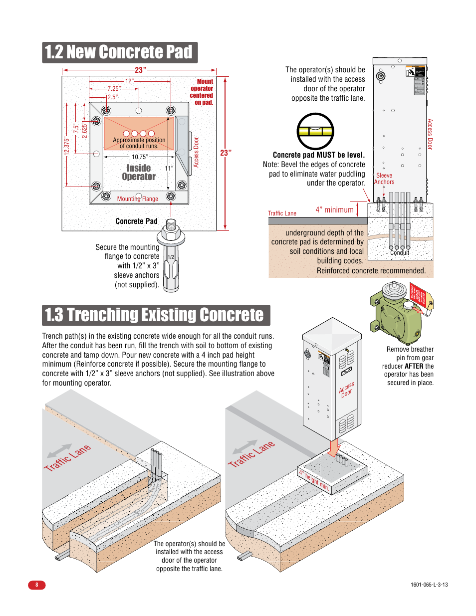 3 trenching existing concrete, 2 new concrete pad, Traffic lane | Inside operator | Controlled Products Systems Group 1602-090 User Manual | Page 10 / 42
