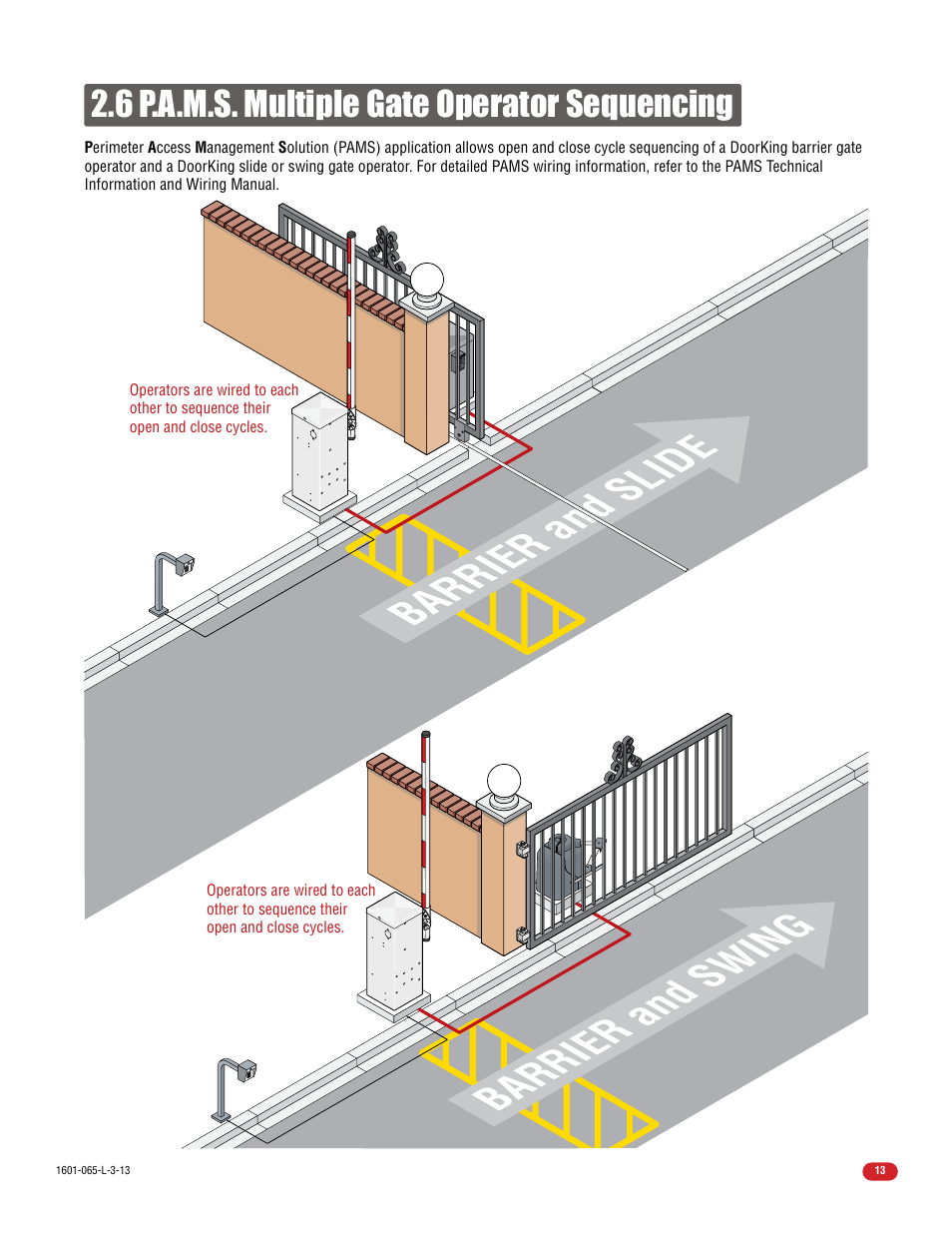 Barrier and slide, Barrier and swing, 6 p.a.m.s. multiple gate operator sequencing | Controlled Products Systems Group 1602-090 User Manual | Page 15 / 42