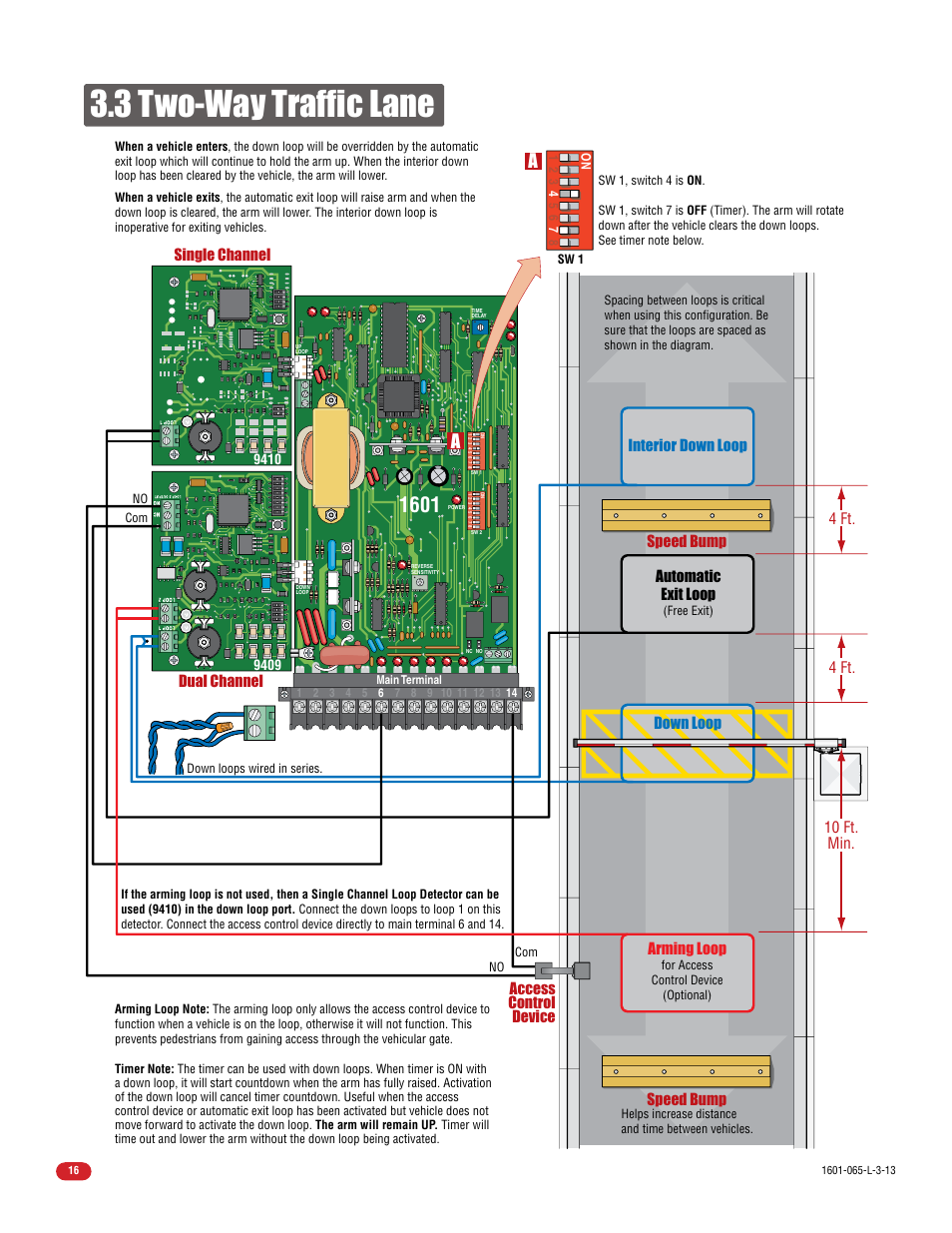 3 two-way traffic lane, Dual channel, Single channel | Speed bump, 4 ft, Arming loop, Automatic exit loop, Down loop 10 ft. min | Controlled Products Systems Group 1602-090 User Manual | Page 18 / 42
