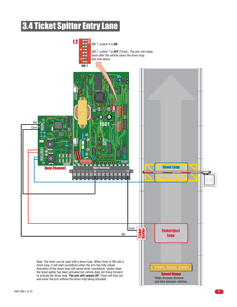 4 ticket spitter entry lane, Dual channel, Speed bump ticket eject loop | Ticket spitter, Down loop | Controlled Products Systems Group 1602-090 User Manual | Page 19 / 42