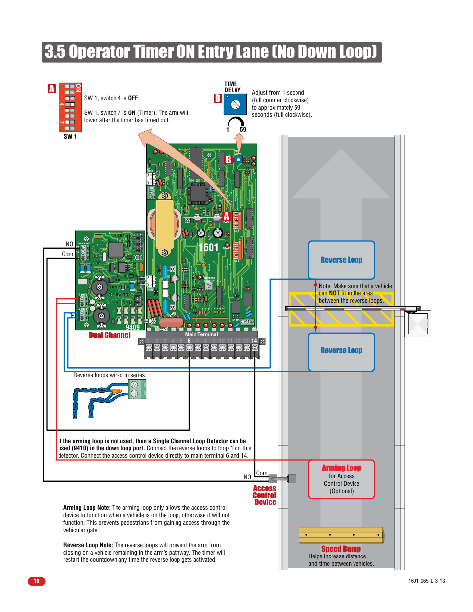 5 operator timer on entry lane (no down loop), Dual channel, Arming loop | Controlled Products Systems Group 1602-090 User Manual | Page 20 / 42