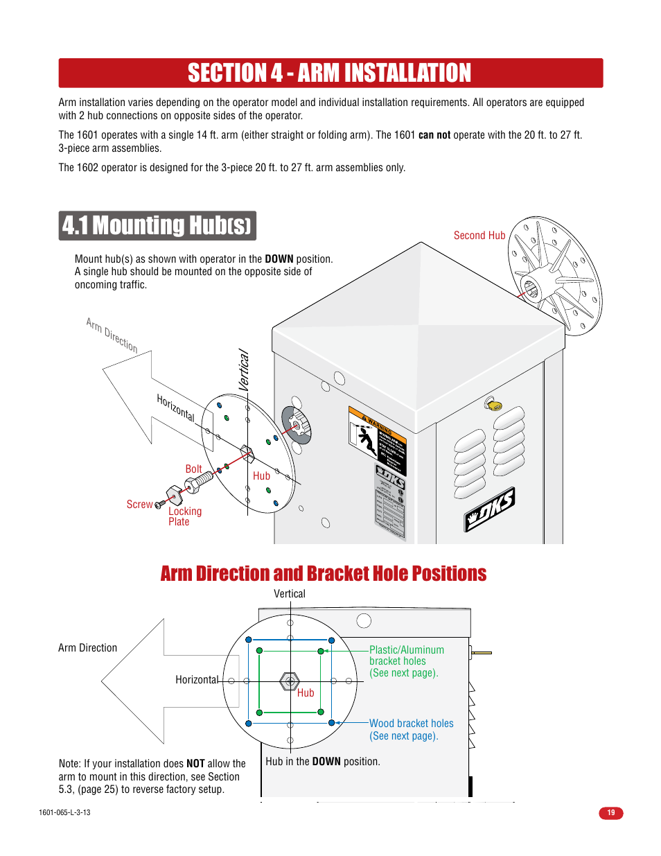 1 mounting hub, Arm direction and bracket hole positions, Vertical | Controlled Products Systems Group 1602-090 User Manual | Page 21 / 42