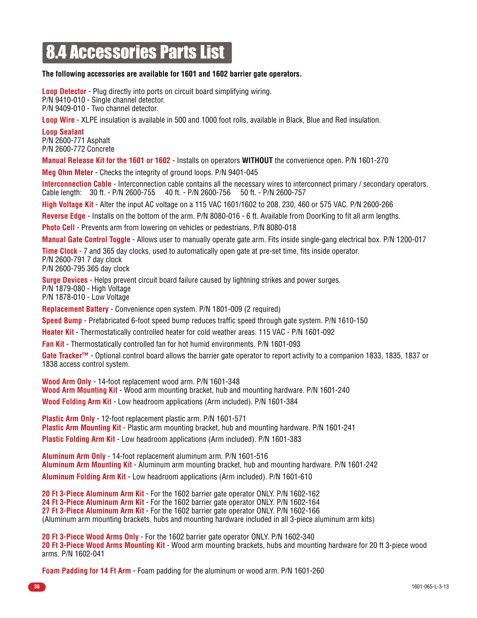 4 accessories parts list | Controlled Products Systems Group 1602-090 User Manual | Page 38 / 42