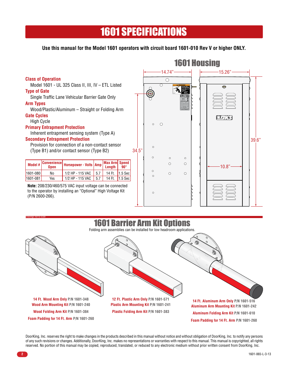 1601 specifications, 1601 barrier arm kit options, 1601 housing | Controlled Products Systems Group 1602-090 User Manual | Page 4 / 42
