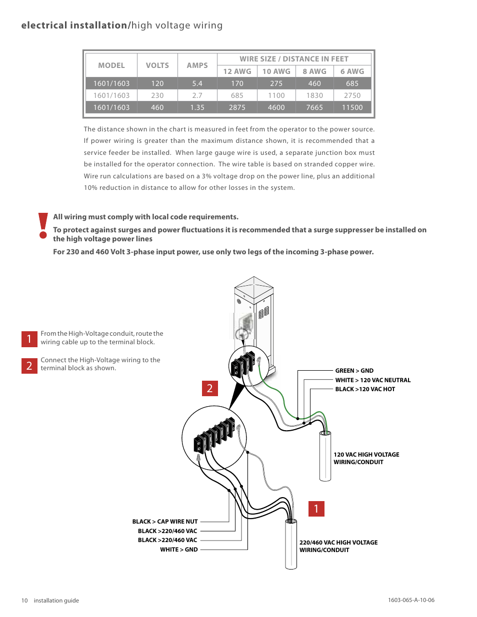Electrical installation/ high voltage wiring | Controlled Products Systems Group 1603-080 User Manual | Page 10 / 38