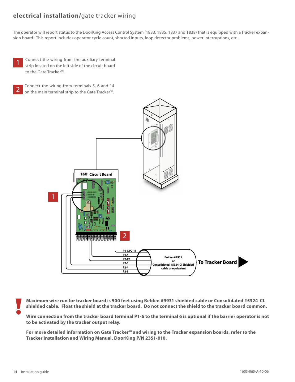 Electrical installation/ gate tracker wiring | Controlled Products Systems Group 1603-080 User Manual | Page 14 / 38