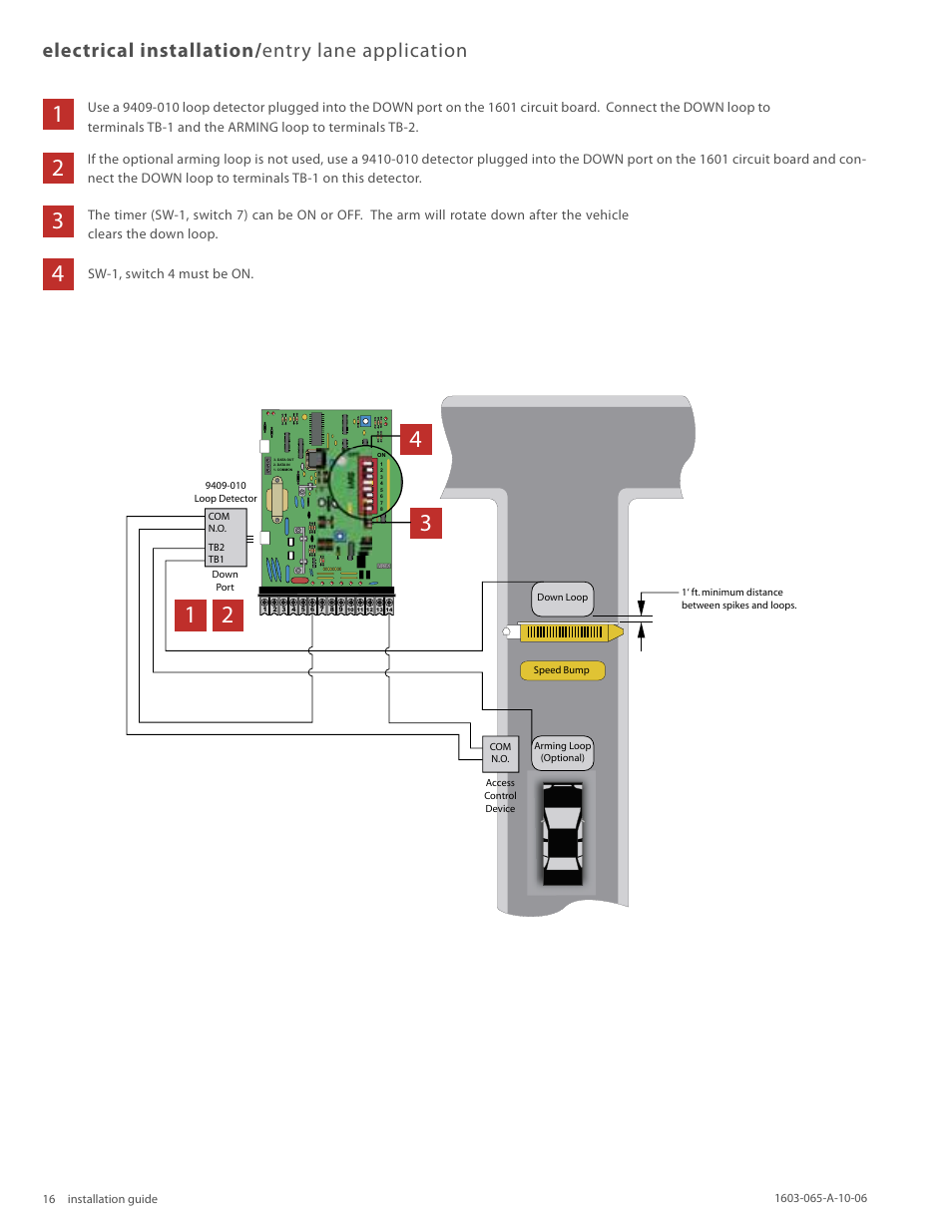 Electrical installation/ entry lane application, Sw-1, switch 4 must be on | Controlled Products Systems Group 1603-080 User Manual | Page 16 / 38