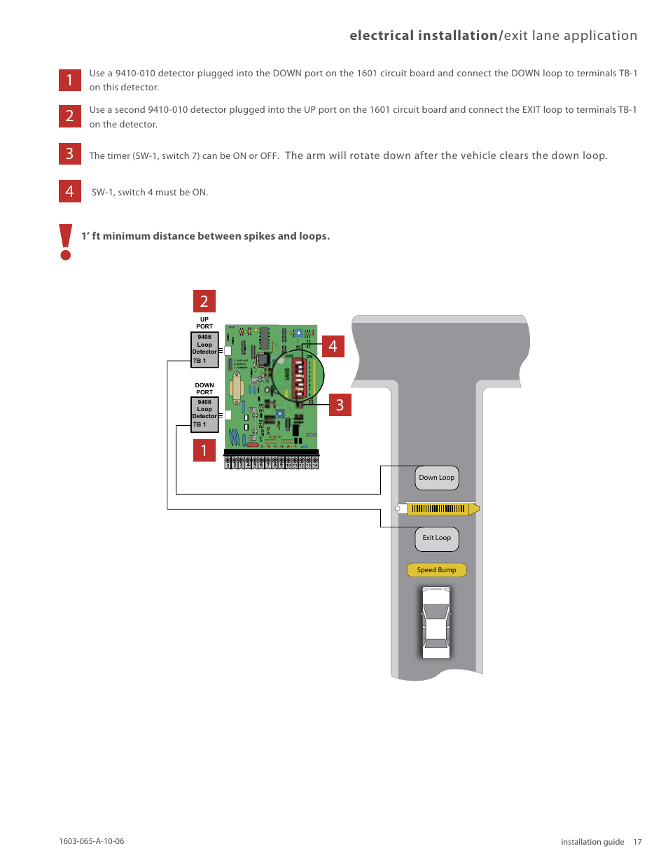 Electrical installation/ exit lane application, 1’ ft minimum distance between spikes and loops, Sw-1, switch 4 must be on | Controlled Products Systems Group 1603-080 User Manual | Page 17 / 38