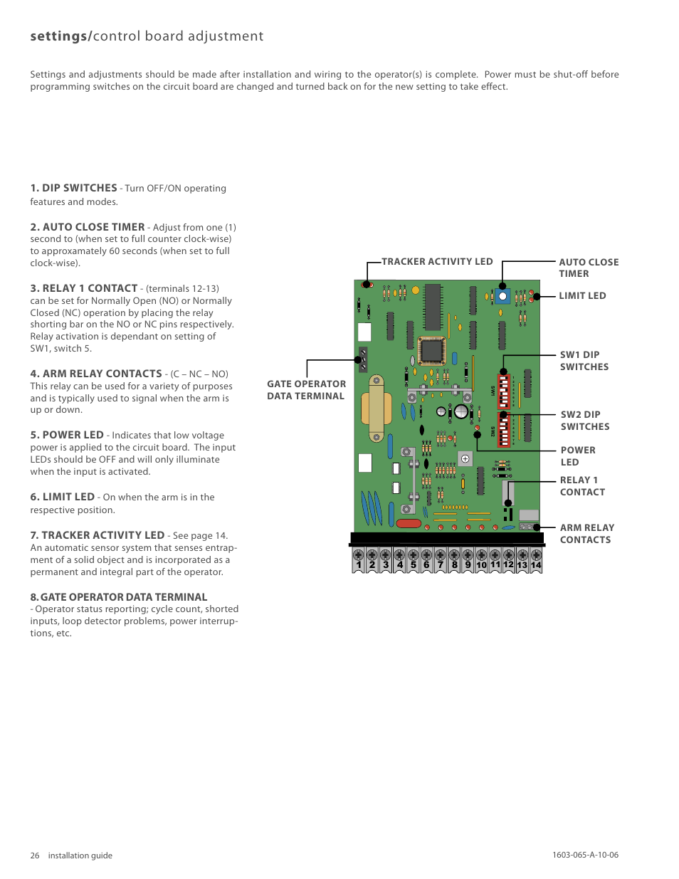 Settings/ control board adjustment, Dip switches, Auto close timer | Relay 1 contact, Arm relay contacts, Power led, Limit led, Tracker activity led, Gate operator data terminal | Controlled Products Systems Group 1603-080 User Manual | Page 26 / 38