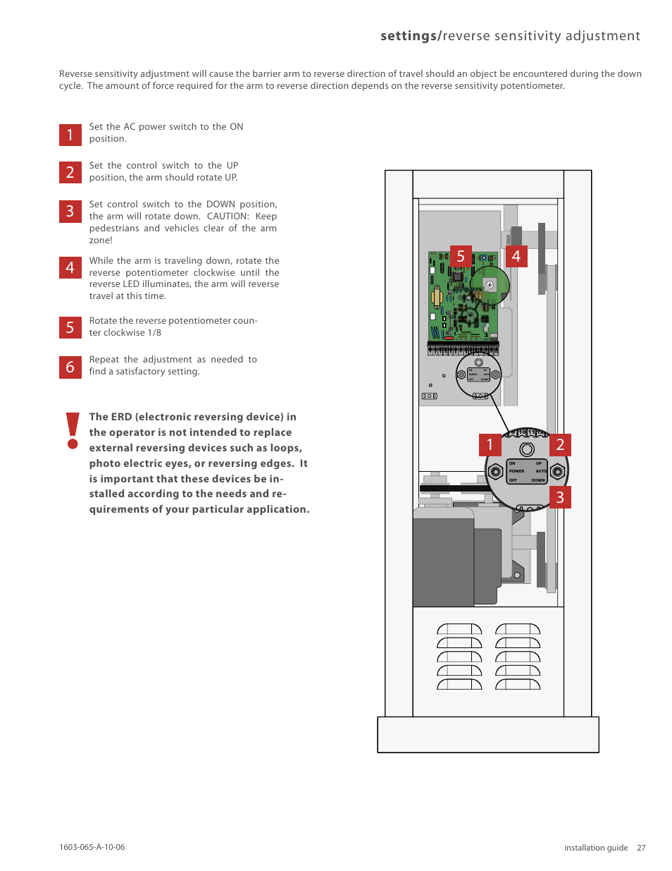 Settings/ reverse sensitivity adjustment | Controlled Products Systems Group 1603-080 User Manual | Page 27 / 38