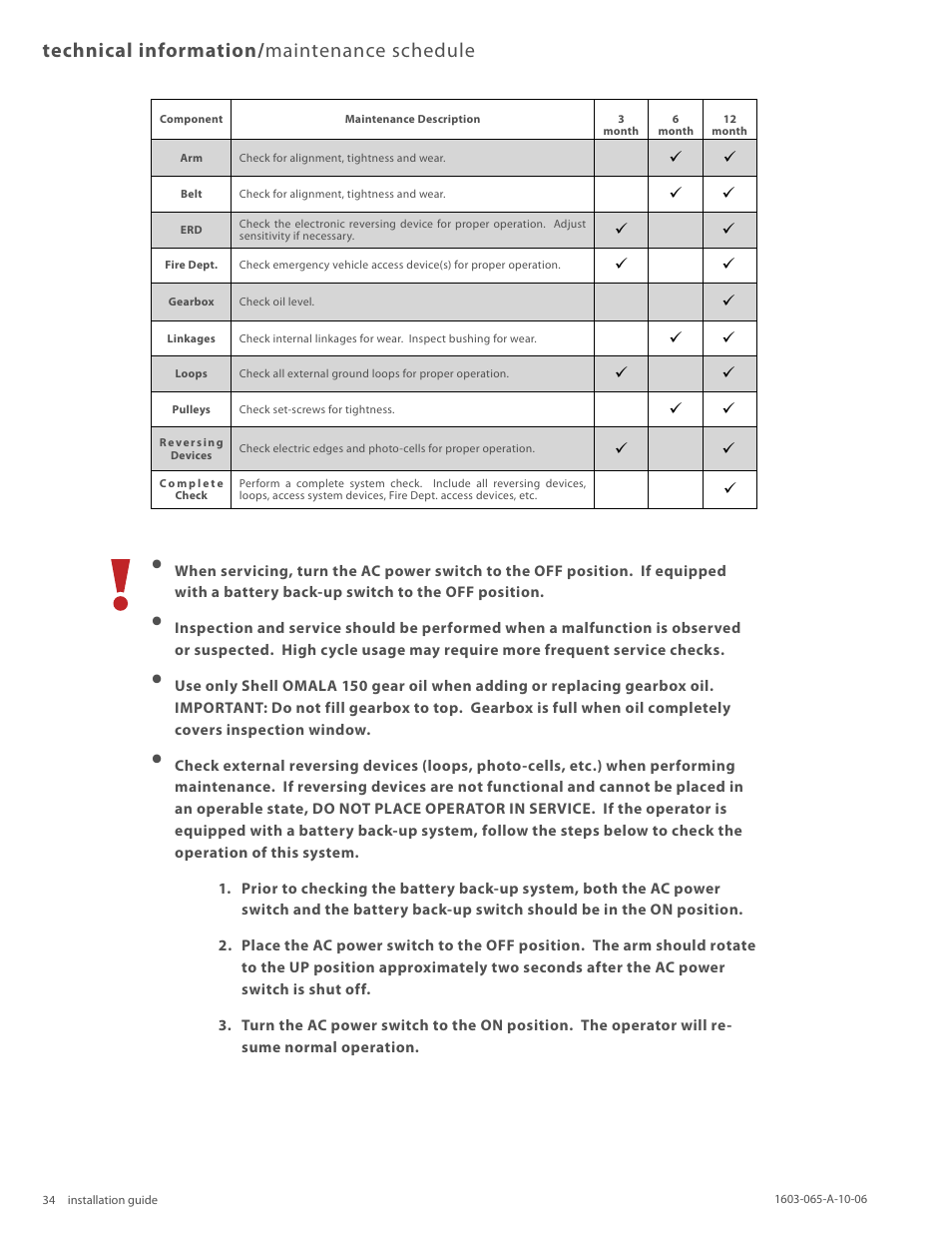 Technical information/ maintenance schedule | Controlled Products Systems Group 1603-080 User Manual | Page 34 / 38