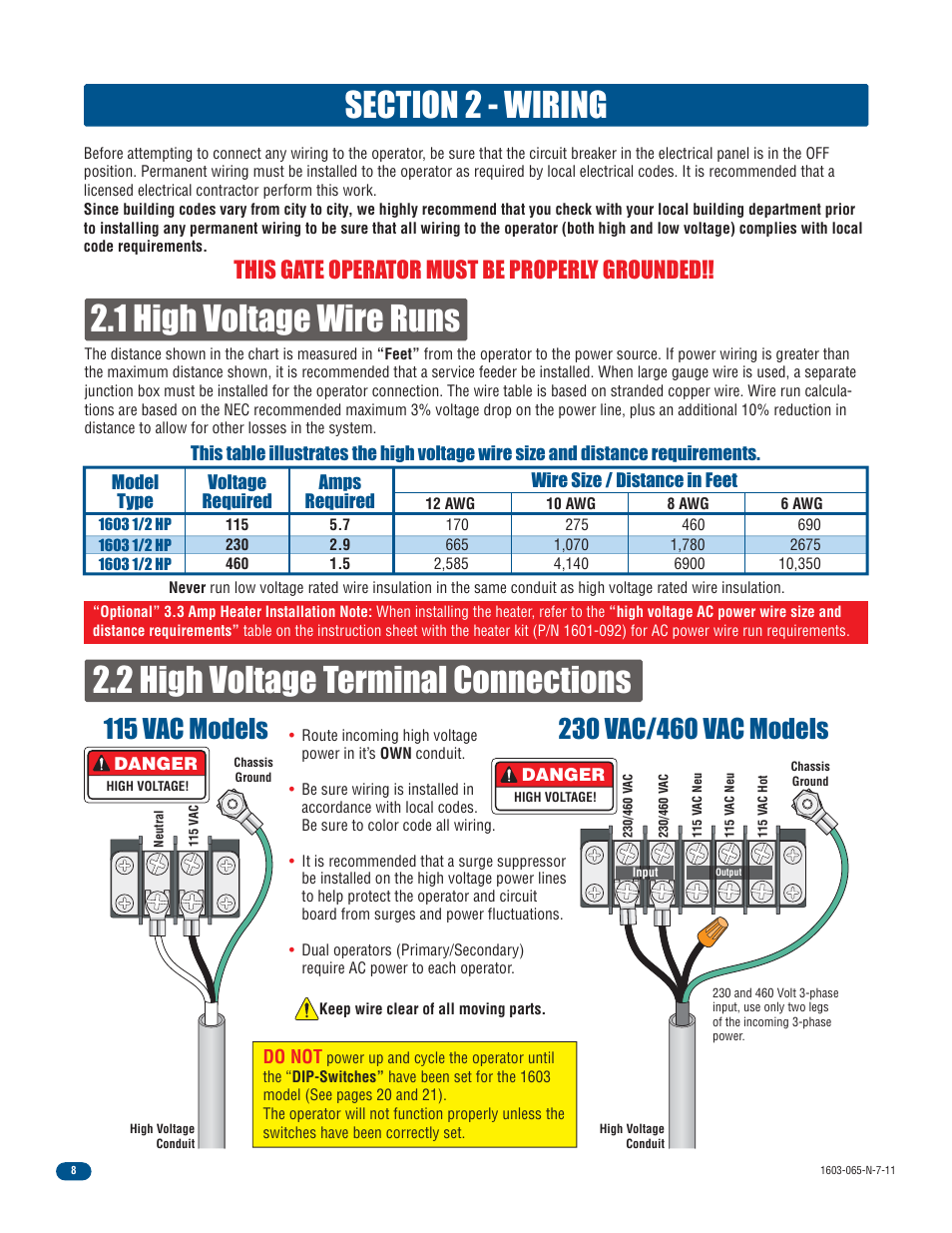 115 vac models, This gate operator must be properly grounded | Controlled Products Systems Group 1603-080 User Manual | Page 10 / 42